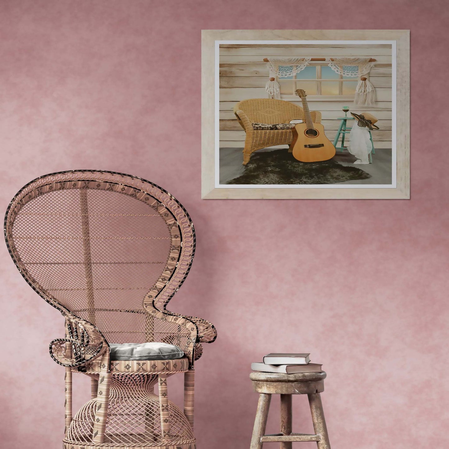 Boho Inspired Still Life with Acoustic Guitar, Wicker Chair, and Straw Hat
