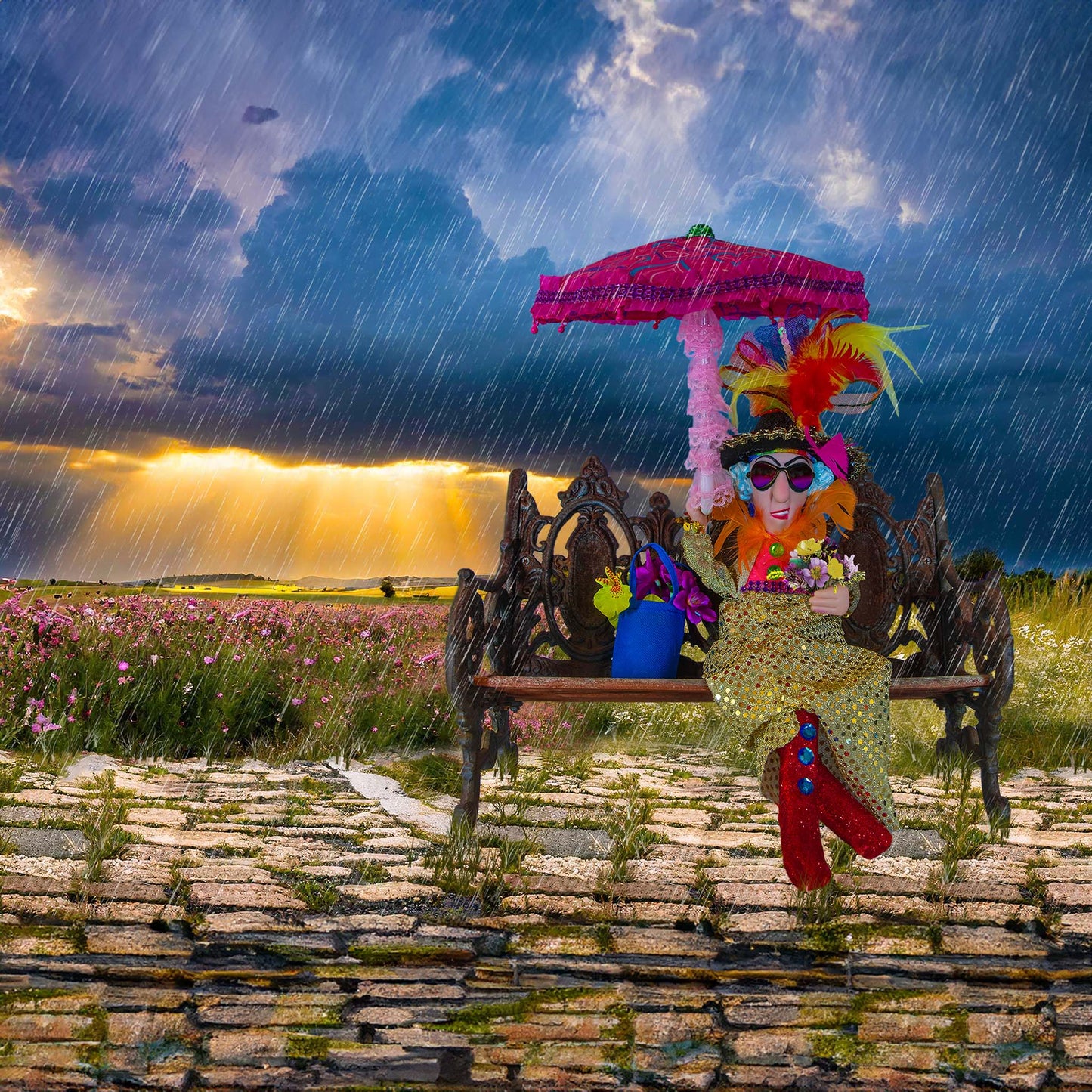Old Lady on a Bench with an Umbrella Whimsical Art