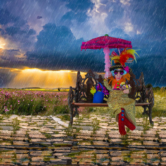 Old Lady on a Bench with an Umbrella Whimsical Art