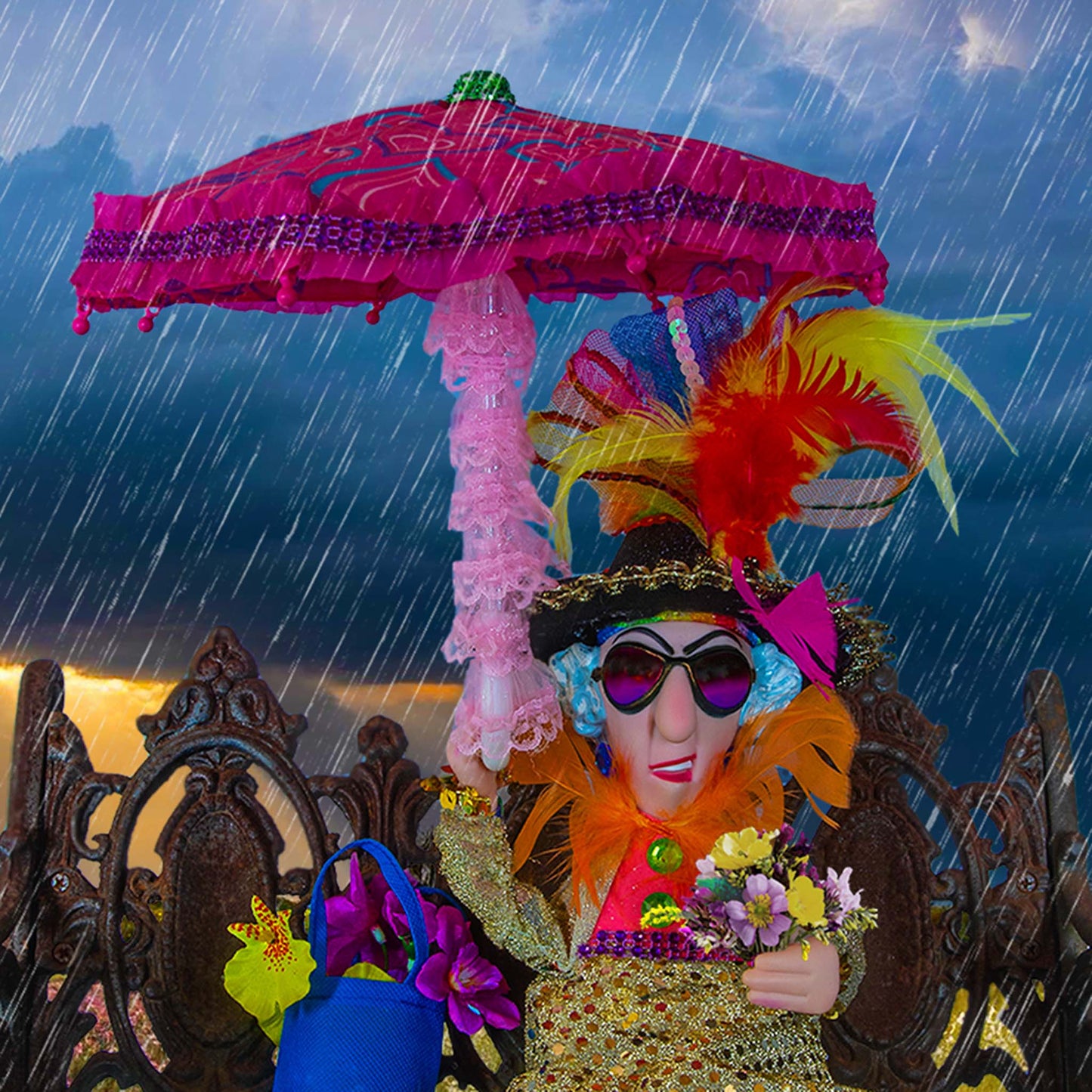 Old Lady on a Bench with an Umbrella Whimsical Art