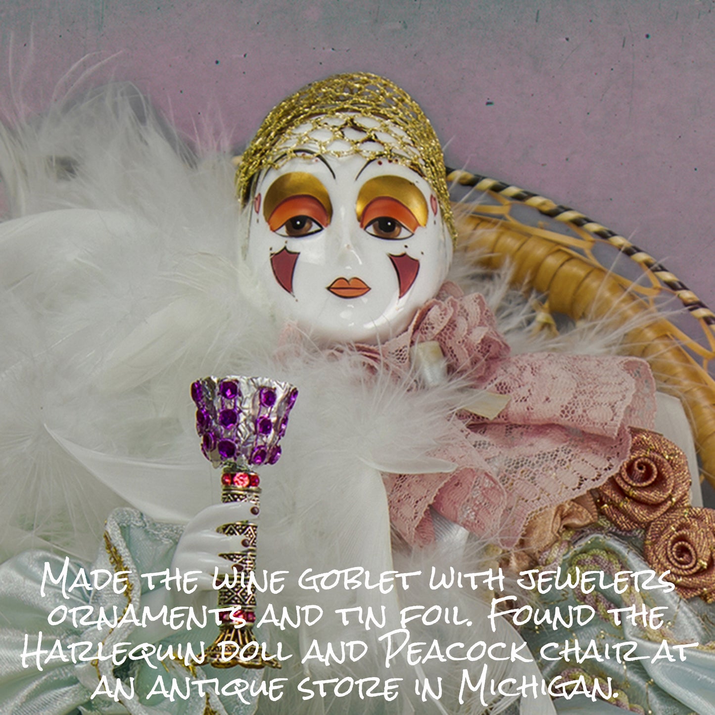 Mardi Gras Harlequin Doll Sitting in a Peacock Chair Wall Art