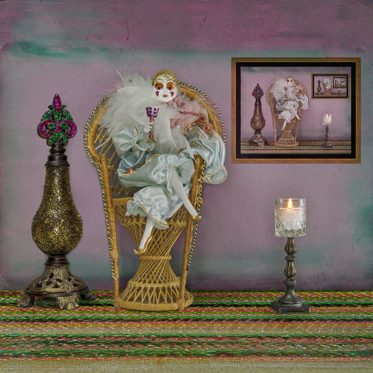 Mardi Gras Harlequin Doll Sitting in a Peacock Chair Wall Art