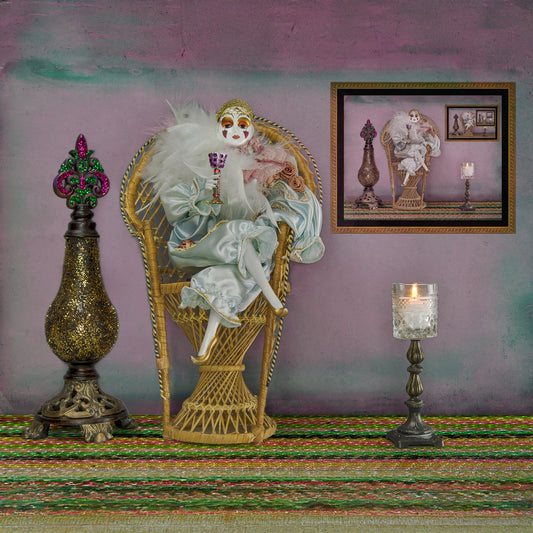 Mardi Gras Harlequin Doll Sitting in a Peacock Chair Wall Art