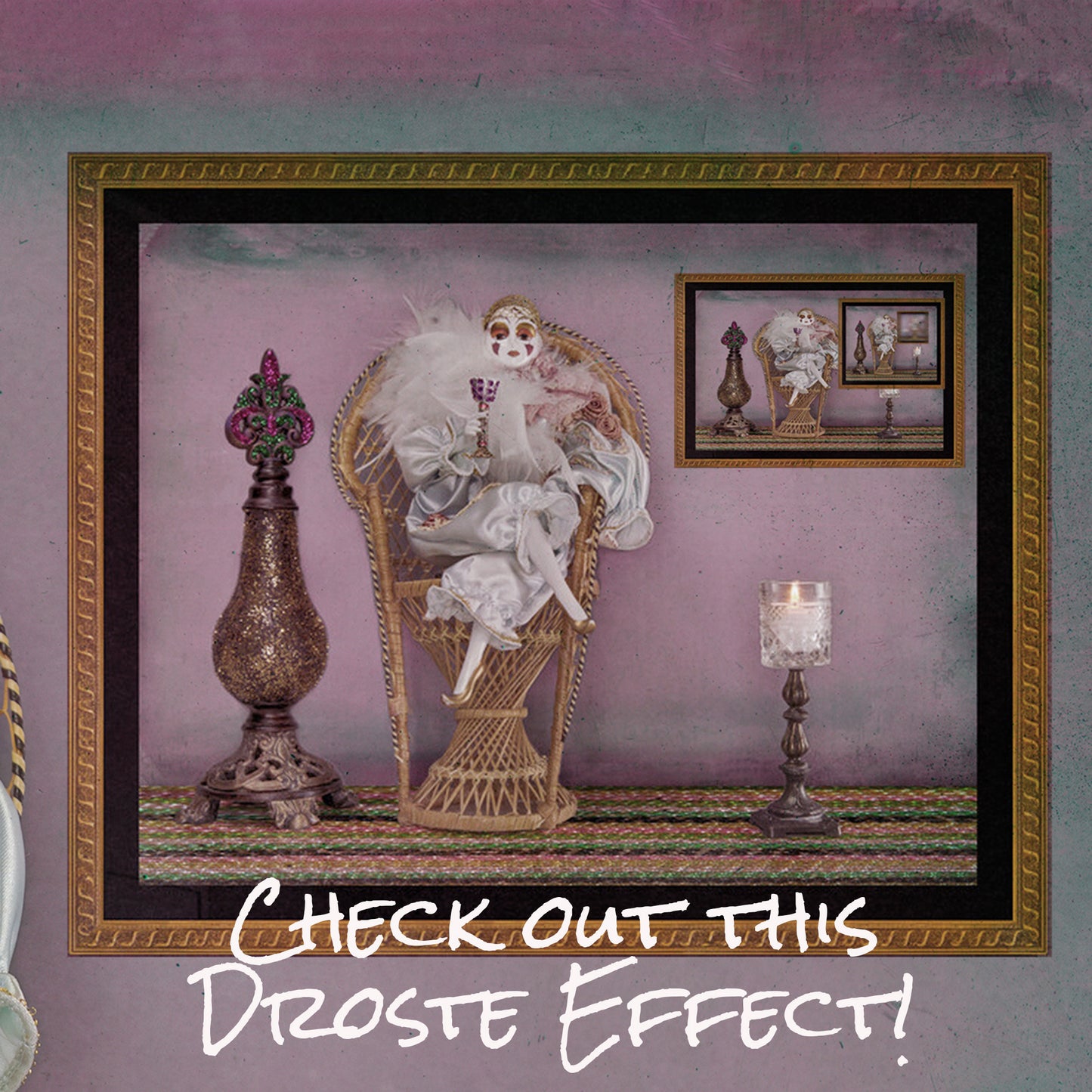 Mardi Gras Harlequin Doll Sitting in a Peacock Chair Wall Art