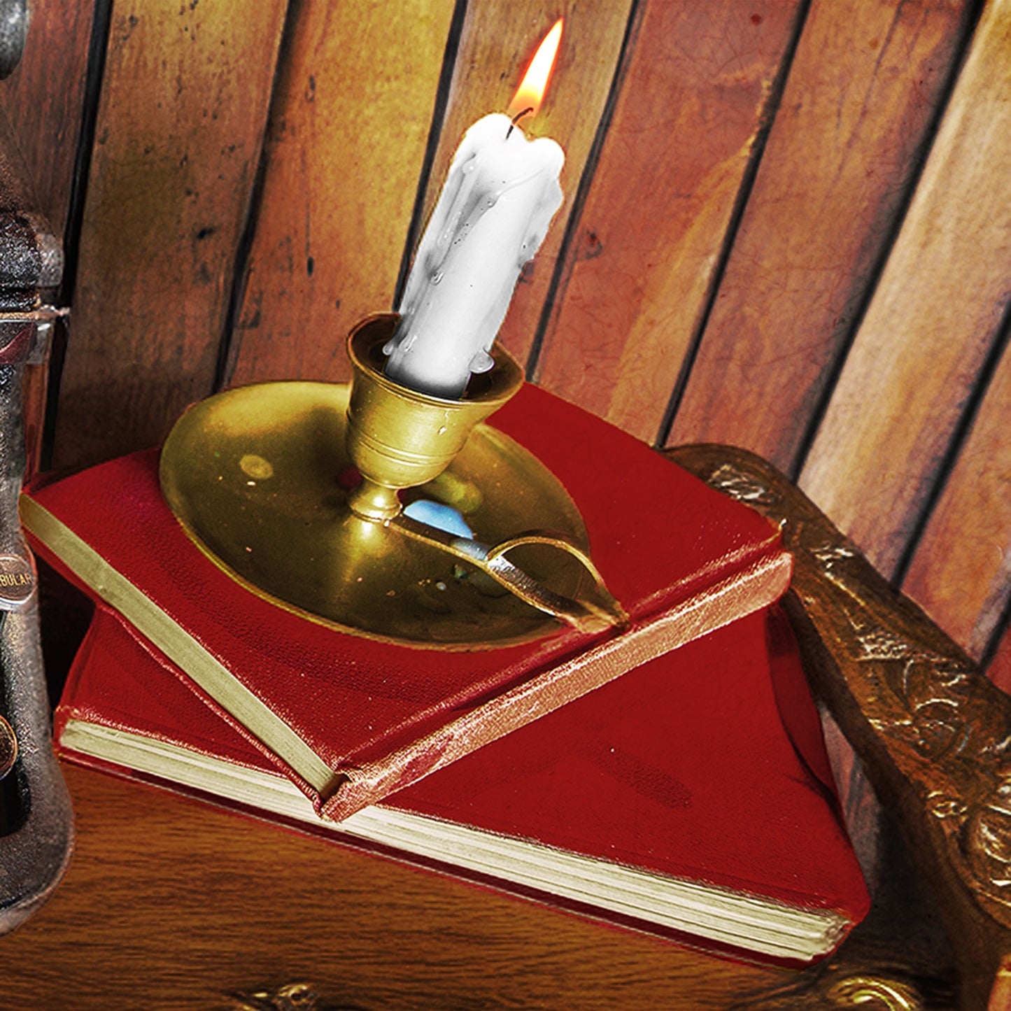 Vintage Royal Typewriter on a Desk with Vintage Books by Candlelight