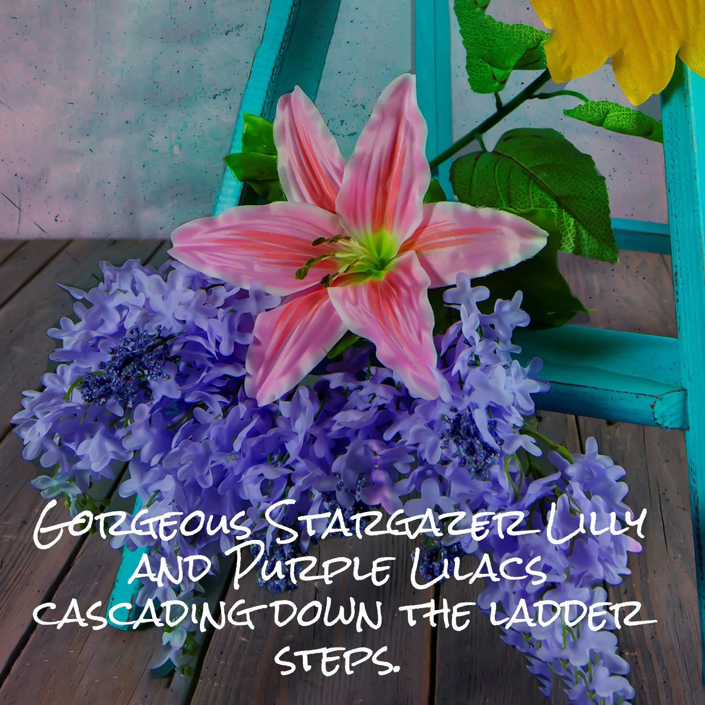 Colorful Flowers on Turquoise Ladder Wall Art