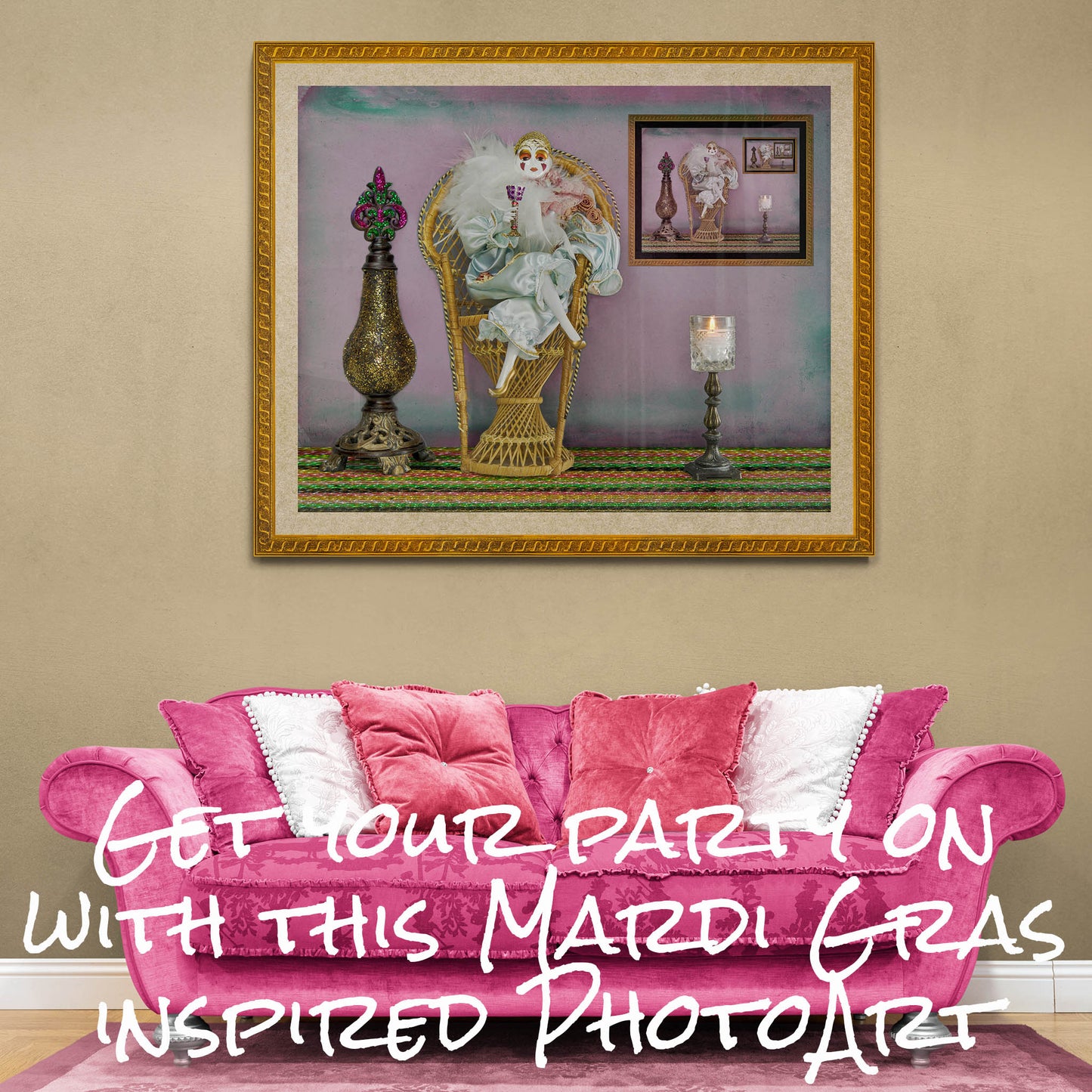 Mardi Gras Harlequin Doll Sitting in a Peacock Chair Wall Art