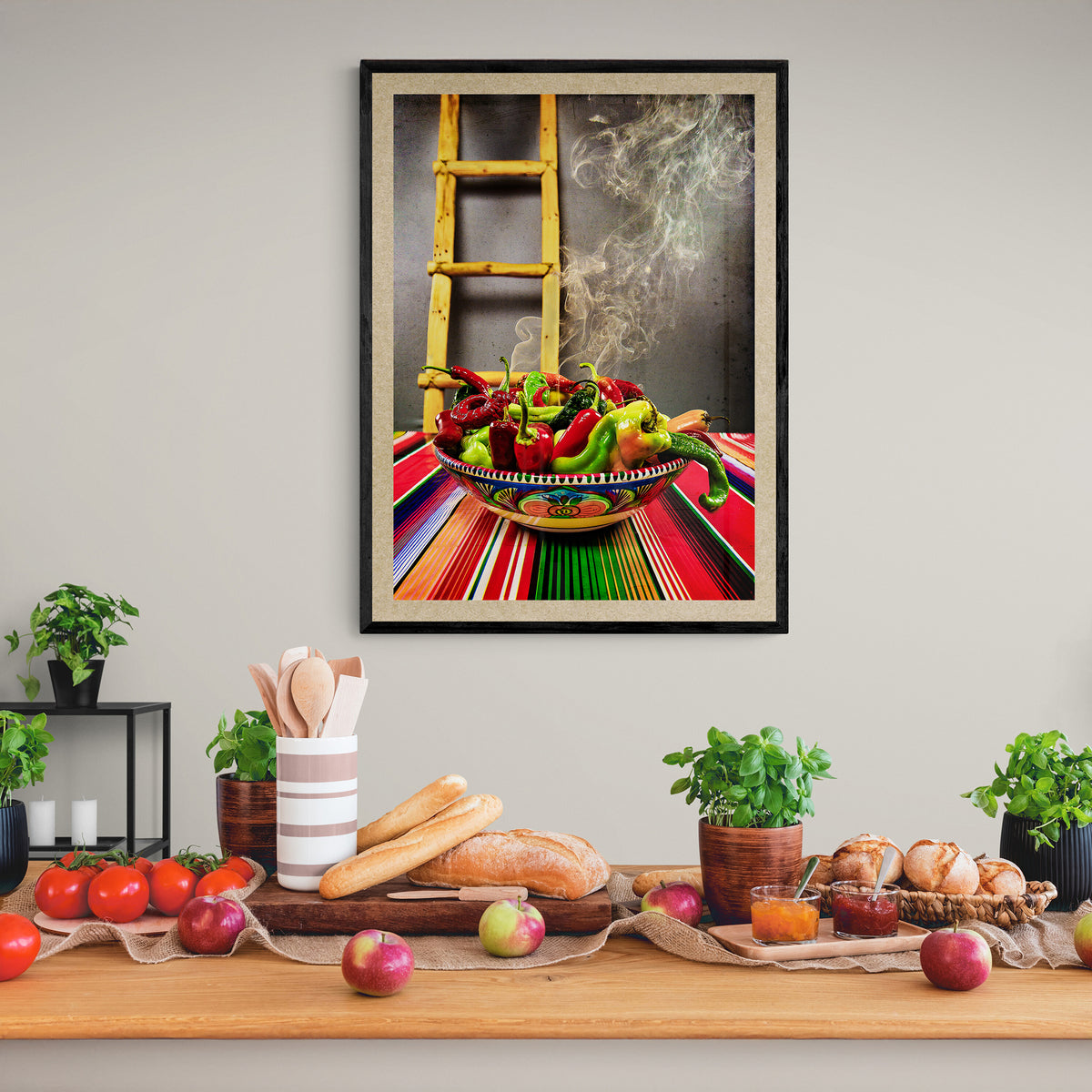 Chilli Ladder Southwest Kiva Ladder and Red Chili Peppers Wall Art – Vintage Muse Art